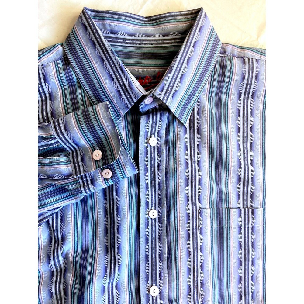 Robert Graham Mens Blue Teal Striped Jacquard Long Sleeve Button Down Shirt Lrg.